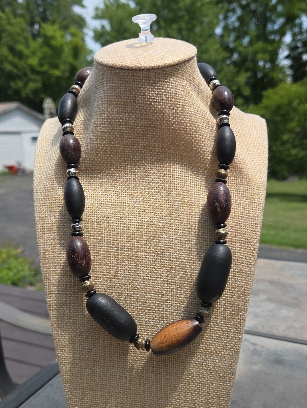 Wood Bead Statement Necklace - Black & Brown ☆ Bohemian Style Chunky  ☆ Vintage